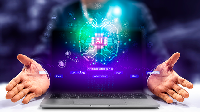 Person sits at a desk with laptop facing towards camera, hands held out either side with a brain-like graphic with AI spelled out in the centre